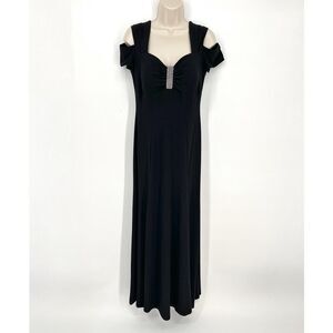 R & M Richards Cold Shoulder Rhinestone Brooch Gown Maxi Dress Sz 6 Black Split